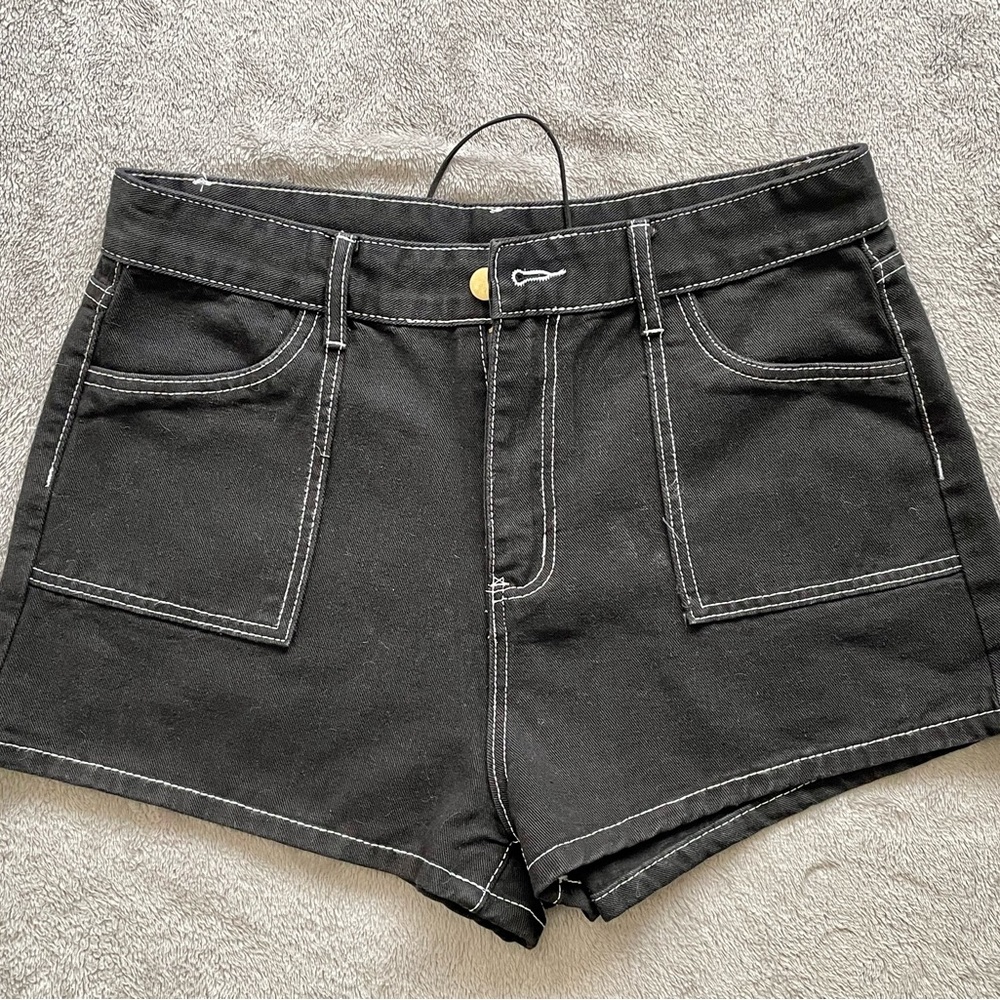 Shein Black Denim Women’s Shorts High Waist L 40/42 White Stitching